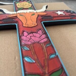 Colorful Decorative Cross with Floral and Bull Design